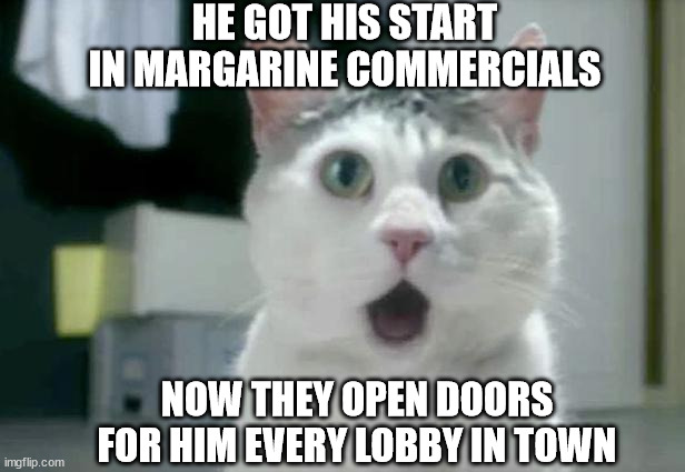 OMG Cat |  HE GOT HIS START IN MARGARINE COMMERCIALS; NOW THEY OPEN DOORS FOR HIM EVERY LOBBY IN TOWN | image tagged in memes,omg cat | made w/ Imgflip meme maker