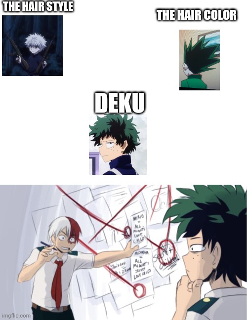 Todoroki: DEKU ARE YOU THEIR CHILD?! | THE HAIR STYLE; THE HAIR COLOR; DEKU | image tagged in blank white template,secret love child | made w/ Imgflip meme maker