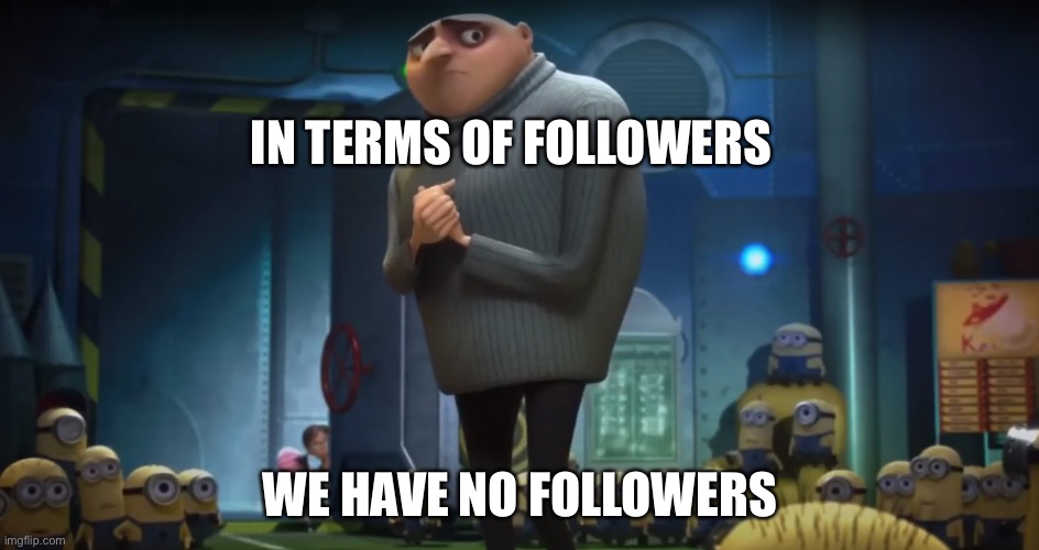 No followers | IN TERMS OF FOLLOWERS; WE HAVE NO FOLLOWERS | image tagged in gru in terms of,follow,followers | made w/ Imgflip meme maker