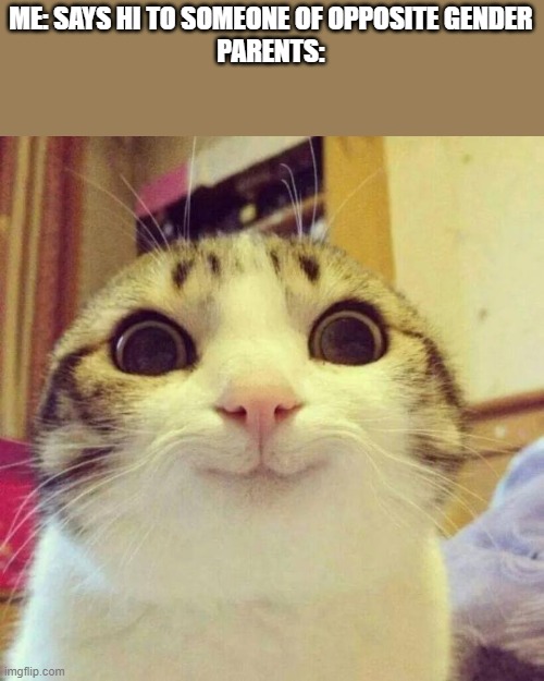 A Wedding is mandatory | ME: SAYS HI TO SOMEONE OF OPPOSITE GENDER
PARENTS: | image tagged in memes,smiling cat | made w/ Imgflip meme maker