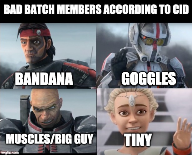 Bad Batch members according to Cid | GOGGLES | image tagged in the bad batch,according to,memes | made w/ Imgflip meme maker