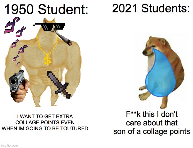 Buff Doge vs. Cheems | 1950 Student:; 2021 Students:; I WANT TO GET EXTRA COLLAGE POINTS EVEN WHEN IM GOING TO BE TOUTURED; F**k this I don't care about that son of a collage points | image tagged in memes,buff doge vs cheems | made w/ Imgflip meme maker