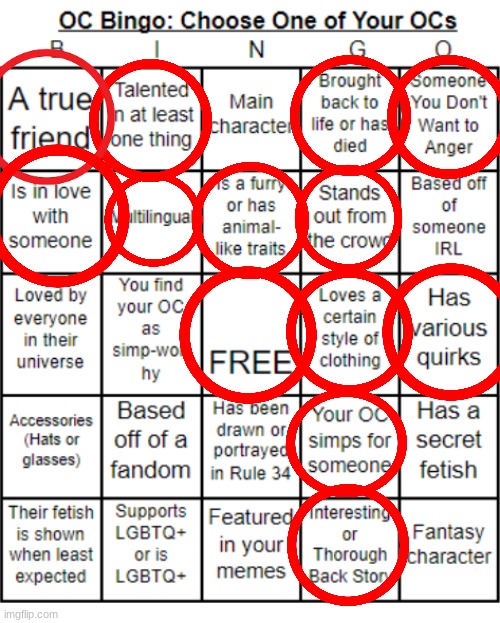 OC Bingo for: Noncanonis, Lord of What Never Was (picture in comments) | image tagged in jer-sama's oc bingo | made w/ Imgflip meme maker