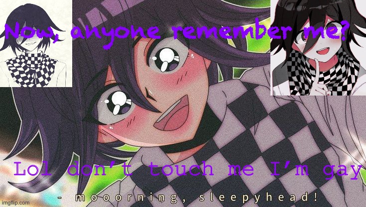 Kokichifurry temp | Now, anyone remember me? | image tagged in kokichifurry temp | made w/ Imgflip meme maker