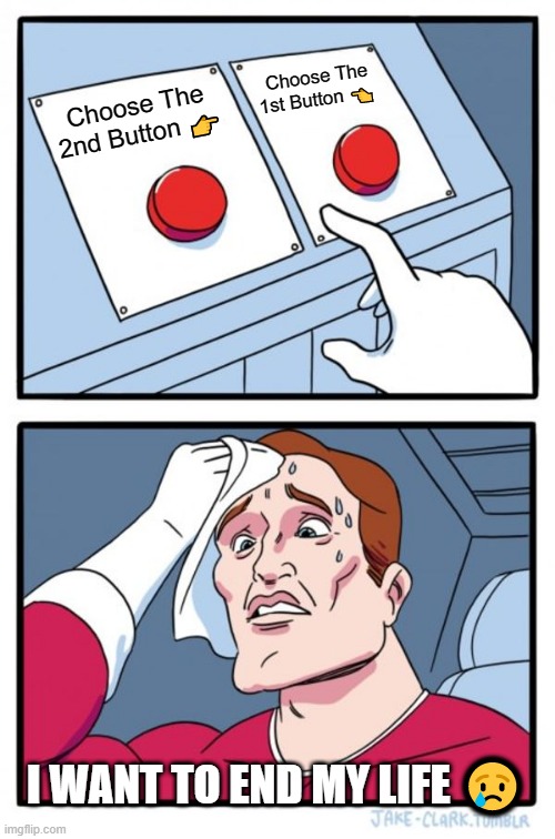 meme #8 what to choose meme | Choose The 1st Button 👈; Choose The 2nd Button 👉; I WANT TO END MY LIFE 😢 | image tagged in memes,two buttons,lol,impossible,funny meme,fun | made w/ Imgflip meme maker