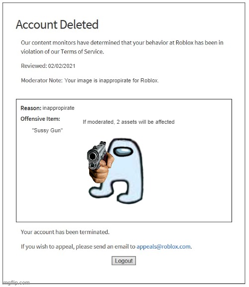 banned from ROBLOX |  02/02/2021; Your image is inappropirate for Roblox. inappropirate; If moderated, 2 assets will be affected; "Sussy Gun" | image tagged in banned from roblox | made w/ Imgflip meme maker