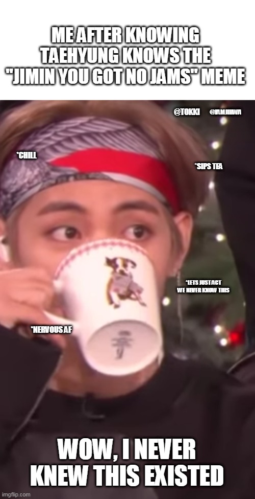 Let's act like we never knew this :) |  ME AFTER KNOWING TAEHYUNG KNOWS THE "JIMIN YOU GOT NO JAMS" MEME; @IAMJIHWA; @TOKKI; *CHILL; *SIPS TEA; *LETS JUST ACT WE NEVER KNOW THIS; *NERVOUS AF; WOW, I NEVER KNEW THIS EXISTED | image tagged in v tae from bts drinking his tea,chill,memes,bts memes | made w/ Imgflip meme maker