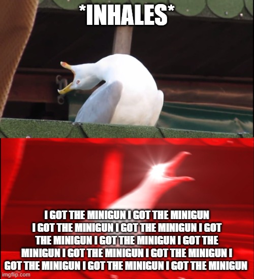 Screaming bird | *INHALES* I GOT THE MINIGUN I GOT THE MINIGUN I GOT THE MINIGUN I GOT THE MINIGUN I GOT THE MINIGUN I GOT THE MINIGUN I GOT THE MINIGUN I GO | image tagged in screaming bird | made w/ Imgflip meme maker