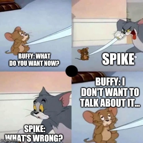 Buffy, season 5, episode 7 |  SPIKE; BUFFY: WHAT DO YOU WANT NOW? BUFFY: I DON'T WANT TO TALK ABOUT IT... SPIKE: WHAT'S WRONG? | image tagged in tom and jerry - when you are dead inside,buffy the vampire slayer,buffy,spike | made w/ Imgflip meme maker