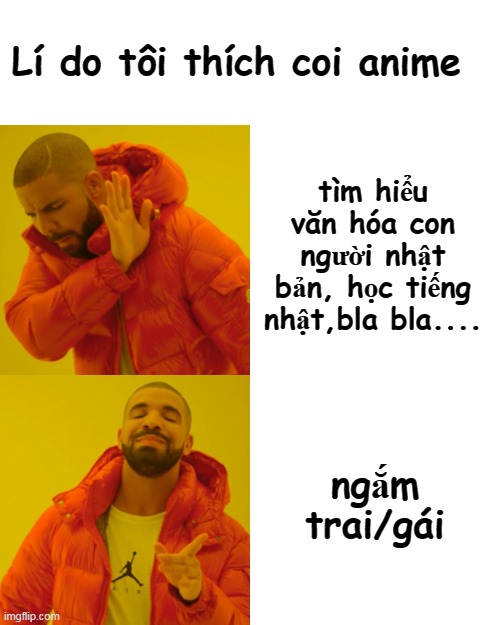 Drake Hotline Bling Meme | Lí do tôi thích coi anime; tìm hiểu văn hóa con người nhật bản, học tiếng nhật,bla bla.... ngắm trai/gái | image tagged in memes,drake hotline bling | made w/ Imgflip meme maker