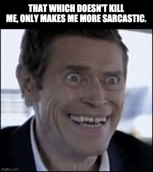 Sarcasm | THAT WHICH DOESN'T KILL ME, ONLY MAKES ME MORE SARCASTIC. | image tagged in creepy smile | made w/ Imgflip meme maker