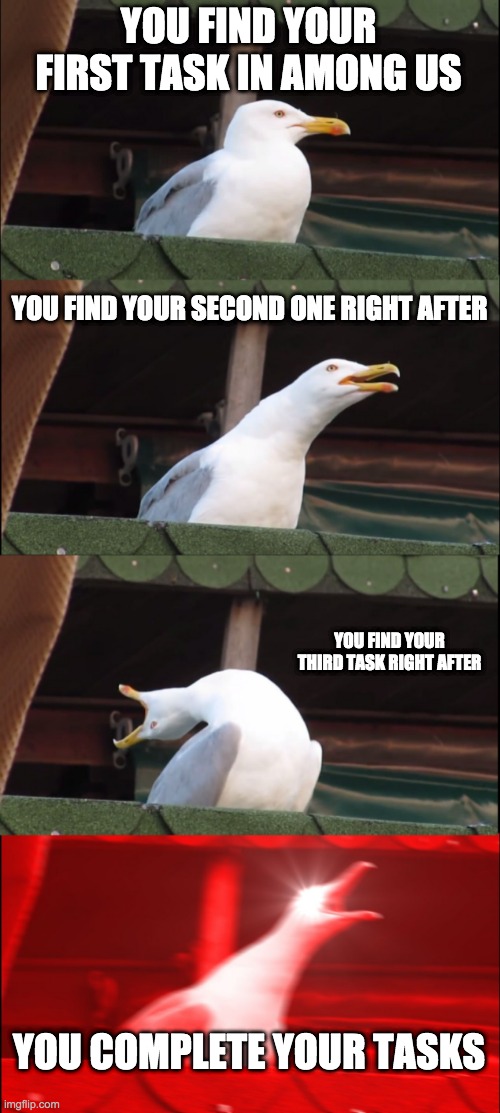 Inhaling Seagull Meme | YOU FIND YOUR FIRST TASK IN AMONG US; YOU FIND YOUR SECOND ONE RIGHT AFTER; YOU FIND YOUR THIRD TASK RIGHT AFTER; YOU COMPLETE YOUR TASKS | image tagged in memes,inhaling seagull | made w/ Imgflip meme maker