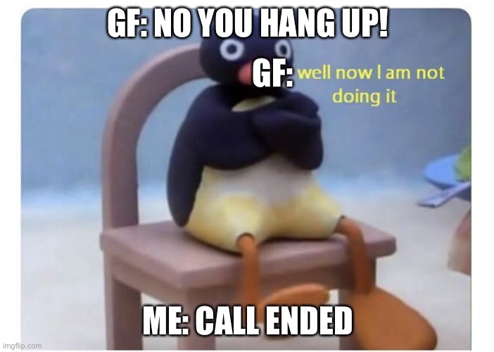 well now I am not doing it | GF: NO YOU HANG UP! GF:; ME: CALL ENDED | image tagged in well now i am not doing it | made w/ Imgflip meme maker