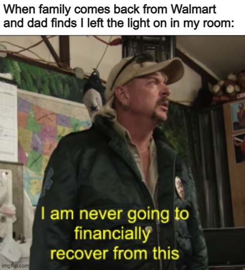 DO not leave the light on | When family comes back from Walmart and dad finds I left the light on in my room: | image tagged in joe exotic financially recover | made w/ Imgflip meme maker