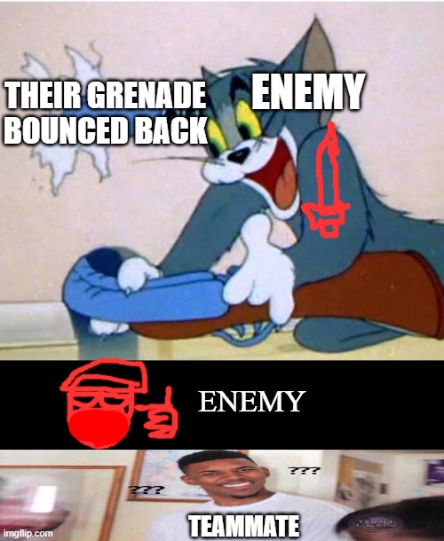 Dumb | THEIR GRENADE BOUNCED BACK; ENEMY; ENEMY; TEAMMATE | image tagged in tom and jerry | made w/ Imgflip meme maker