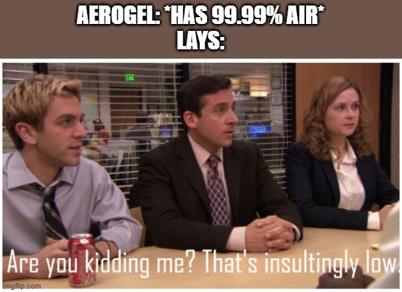 Are you kidding me? That's insultingly low. | AEROGEL: *HAS 99.99% AIR*
LAYS: | image tagged in are you kidding me that's insultingly low | made w/ Imgflip meme maker
