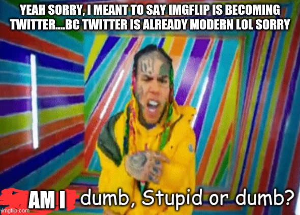 Are you dumb stupid or dumb? | YEAH SORRY, I MEANT TO SAY IMGFLIP IS BECOMING TWITTER....BC TWITTER IS ALREADY MODERN LOL SORRY AM I | image tagged in are you dumb stupid or dumb | made w/ Imgflip meme maker