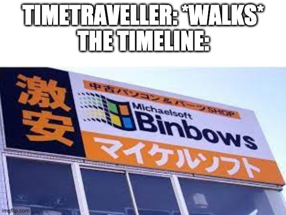 B I N B O W S | TIMETRAVELLER: *WALKS*

THE TIMELINE: | image tagged in memes | made w/ Imgflip meme maker