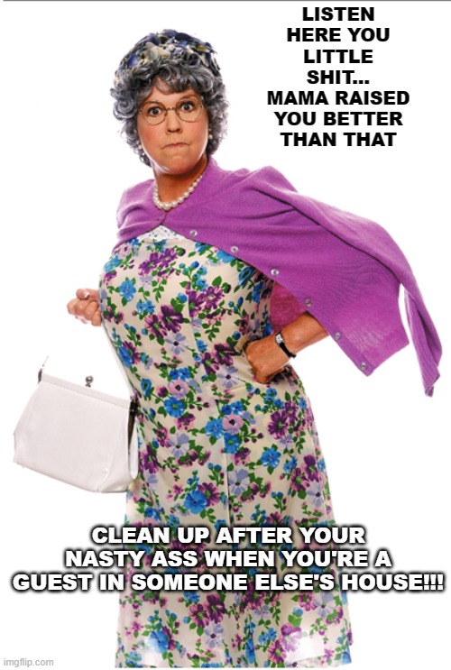 Mama | LISTEN HERE YOU LITTLE SHIT... MAMA RAISED YOU BETTER THAN THAT; CLEAN UP AFTER YOUR NASTY ASS WHEN YOU'RE A GUEST IN SOMEONE ELSE'S HOUSE!!! | image tagged in mama,nasty | made w/ Imgflip meme maker