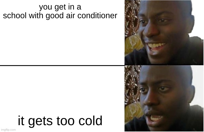 Disappointed Black Guy | you get in a school with good air conditioner; it gets too cold | image tagged in disappointed black guy | made w/ Imgflip meme maker