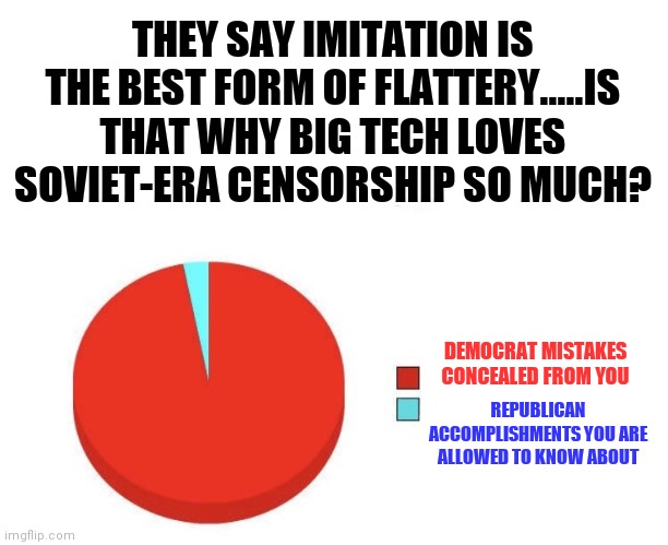 Truth is not a choice for billionaires to make. It's a national right we all deserve. |  THEY SAY IMITATION IS THE BEST FORM OF FLATTERY.....IS THAT WHY BIG TECH LOVES SOVIET-ERA CENSORSHIP SO MUCH? DEMOCRAT MISTAKES CONCEALED FROM YOU; REPUBLICAN ACCOMPLISHMENTS YOU ARE ALLOWED TO KNOW ABOUT | image tagged in pie graph meme,censorship,technology,master,slave | made w/ Imgflip meme maker