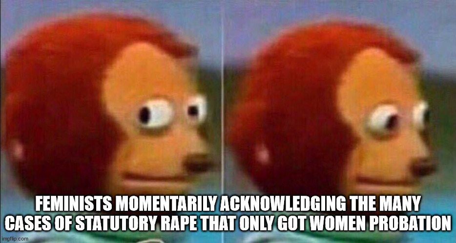 That awkward moment... | FEMINISTS MOMENTARILY ACKNOWLEDGING THE MANY CASES OF STATUTORY RAPE THAT ONLY GOT WOMEN PROBATION | image tagged in monkey looking away,feminism,feminists,feminist,cultists,hypocrites | made w/ Imgflip meme maker