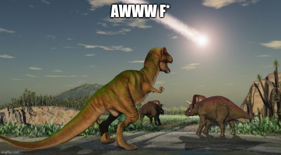 Dinosaurs meteor | AWWW F* | image tagged in dinosaurs meteor | made w/ Imgflip meme maker