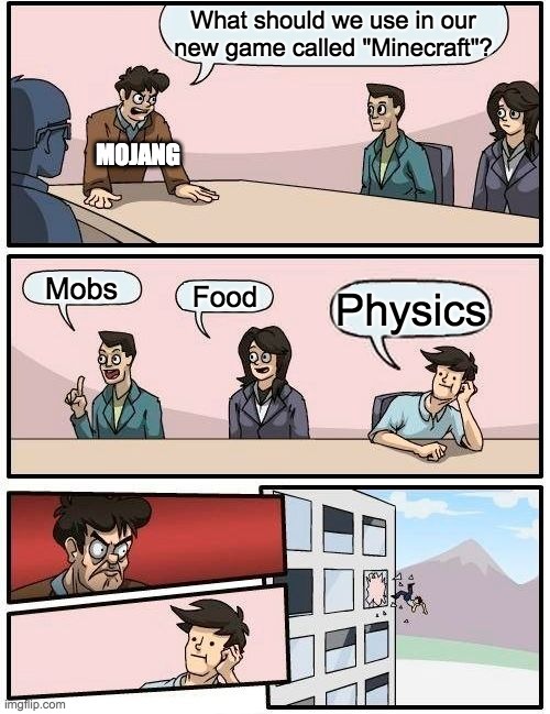 yeet | What should we use in our new game called "Minecraft"? MOJANG; Mobs; Food; Physics | image tagged in memes,boardroom meeting suggestion | made w/ Imgflip meme maker