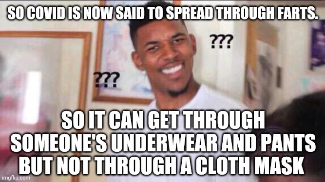 It's just getting crazier everyday | SO COVID IS NOW SAID TO SPREAD THROUGH FARTS. SO IT CAN GET THROUGH SOMEONE'S UNDERWEAR AND PANTS BUT NOT THROUGH A CLOTH MASK | image tagged in memes | made w/ Imgflip meme maker