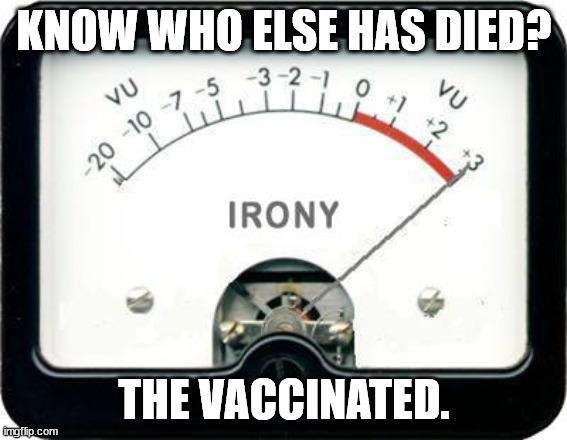 Irony Meter | KNOW WHO ELSE HAS DIED? THE VACCINATED. | image tagged in irony meter | made w/ Imgflip meme maker