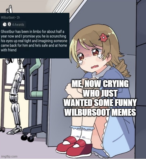 Nooooo Ghostbur | ME, NOW CRYING WHO JUST WANTED SOME FUNNY WILBURSOOT MEMES | image tagged in anime girl hiding from terminator | made w/ Imgflip meme maker