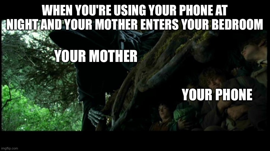 Hobbits hide from nazgul | WHEN YOU'RE USING YOUR PHONE AT NIGHT AND YOUR MOTHER ENTERS YOUR BEDROOM; YOUR MOTHER; YOUR PHONE | image tagged in hobbits hide from nazgul,lotr,relatable,memes,funny memes | made w/ Imgflip meme maker