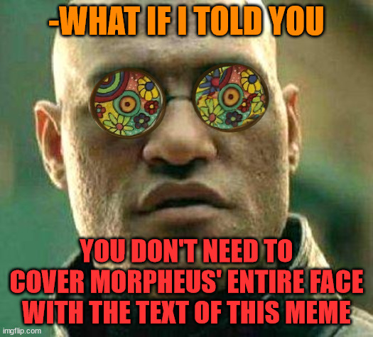 This changes EVERYTHING! | -WHAT IF I TOLD YOU; YOU DON'T NEED TO COVER MORPHEUS' ENTIRE FACE WITH THE TEXT OF THIS MEME | image tagged in acid kicks in morpheus,acid,hippy,hippies,ur doing it rong,wtf bruh | made w/ Imgflip meme maker