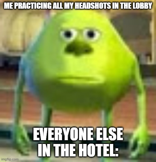 Murder is fun | ME PRACTICING ALL MY HEADSHOTS IN THE LOBBY; EVERYONE ELSE IN THE HOTEL: | image tagged in sully wazowski | made w/ Imgflip meme maker