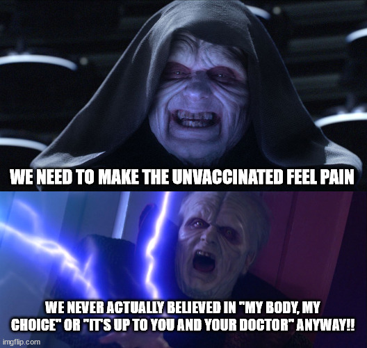 WE NEED TO MAKE THE UNVACCINATED FEEL PAIN; WE NEVER ACTUALLY BELIEVED IN "MY BODY, MY CHOICE" OR "IT'S UP TO YOU AND YOUR DOCTOR" ANYWAY!! | image tagged in emperor palpatine,sidious 'unlimited power' | made w/ Imgflip meme maker