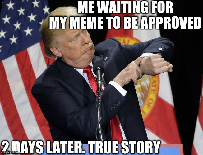 Still waiting | ME WAITING FOR MY MEME TO BE APPROVED; 2 DAYS LATER. TRUE STORY | image tagged in trump watch | made w/ Imgflip meme maker