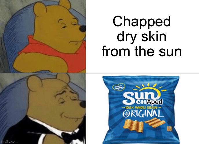 Tuxedo Winnie The Pooh Meme | Chapped dry skin from the sun; Aped | image tagged in memes,tuxedo winnie the pooh,funny,sun,funny memes,cursed | made w/ Imgflip meme maker
