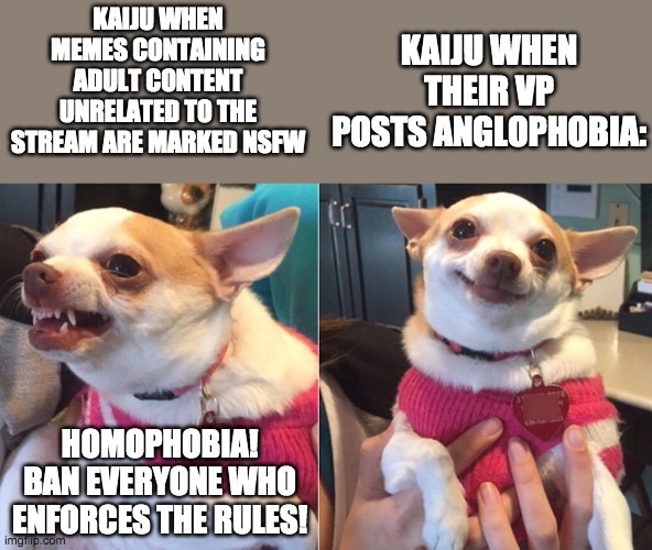 And vote Pollard for the RUP Head of Congress nomination! | KAIJU WHEN MEMES CONTAINING ADULT CONTENT UNRELATED TO THE STREAM ARE MARKED NSFW; KAIJU WHEN THEIR VP POSTS ANGLOPHOBIA:; HOMOPHOBIA! BAN EVERYONE WHO ENFORCES THE RULES! | image tagged in funny,memes,politics,liberal hypocrisy | made w/ Imgflip meme maker