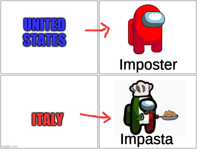 Impasta (Not repost cuz different template) | UNITED STATES; Imposter; ITALY; Impasta | image tagged in 4 boxes,impasta,imposter | made w/ Imgflip meme maker