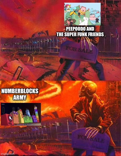 Peepoodo and the super funk friends must die | PEEPOODO AND THE SUPER FUNK FRIENDS; NUMBERBLOCKS ARMY | image tagged in skeleton looking at explosion,peepoodo,numberblocks,numberblocks army,memes | made w/ Imgflip meme maker