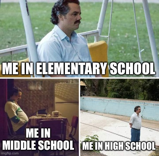 The stages going through | ME IN ELEMENTARY SCHOOL; ME IN  MIDDLE SCHOOL; ME IN HIGH SCHOOL | image tagged in memes,sad pablo escobar | made w/ Imgflip meme maker
