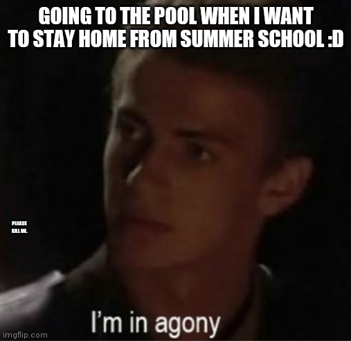 I'm in agony | GOING TO THE POOL WHEN I WANT TO STAY HOME FROM SUMMER SCHOOL :D; PLEASE KILL ME. | image tagged in i'm in agony | made w/ Imgflip meme maker