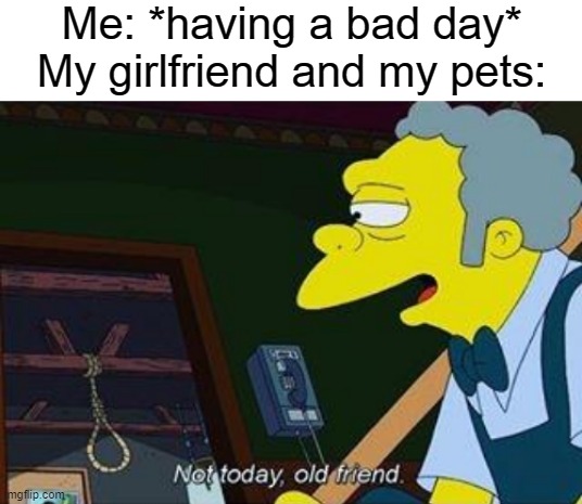 wholesome go brrrr | Me: *having a bad day*
My girlfriend and my pets: | image tagged in not today old friend,wholesome | made w/ Imgflip meme maker