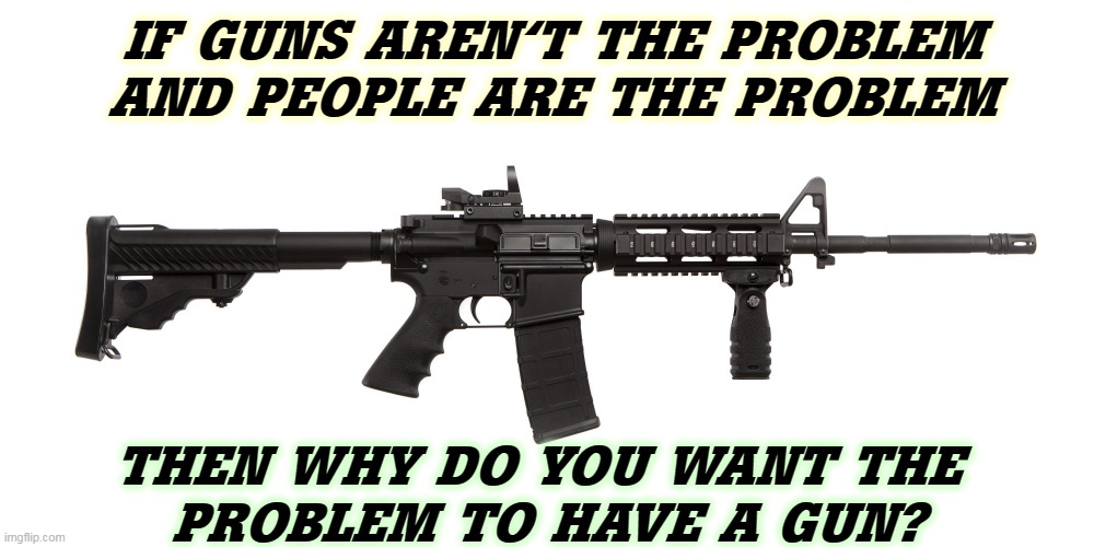 Gun nuts have little tiny | IF GUNS AREN'T THE PROBLEM AND PEOPLE ARE THE PROBLEM; THEN WHY DO YOU WANT THE 
PROBLEM TO HAVE A GUN? | image tagged in ar-15 assault rifle weapon killer murderer,guns,assault rifle,assault weapons,second amendment,idiots | made w/ Imgflip meme maker