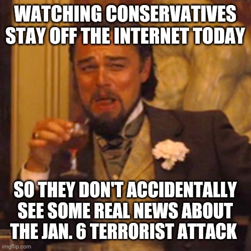 They're very quiet today | WATCHING CONSERVATIVES STAY OFF THE INTERNET TODAY; SO THEY DON'T ACCIDENTALLY SEE SOME REAL NEWS ABOUT THE JAN. 6 TERRORIST ATTACK | image tagged in memes,laughing leo,conservatives,maga,trump,despicable donald | made w/ Imgflip meme maker