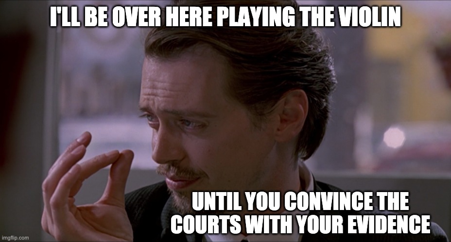 Mr Pink | I'LL BE OVER HERE PLAYING THE VIOLIN UNTIL YOU CONVINCE THE COURTS WITH YOUR EVIDENCE | image tagged in mr pink | made w/ Imgflip meme maker