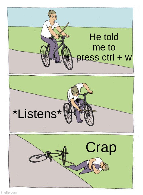 #Doitinanothertab | He told me to press ctrl + w; *Listens*; Crap | image tagged in memes,bike fall | made w/ Imgflip meme maker