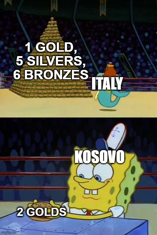 Kosovo's got more gold medals than Italy | 1 GOLD,
5 SILVERS,
6 BRONZES; ITALY; KOSOVO; 2 GOLDS | image tagged in king neptune vs spongebob,italy,kosovo,olympics,tokyo olympics | made w/ Imgflip meme maker