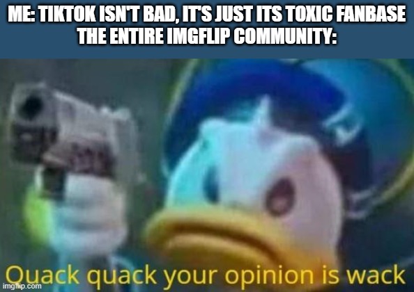 e | ME: TIKTOK ISN'T BAD, IT'S JUST ITS TOXIC FANBASE
THE ENTIRE IMGFLIP COMMUNITY: | image tagged in quack quack your opinion is wack | made w/ Imgflip meme maker