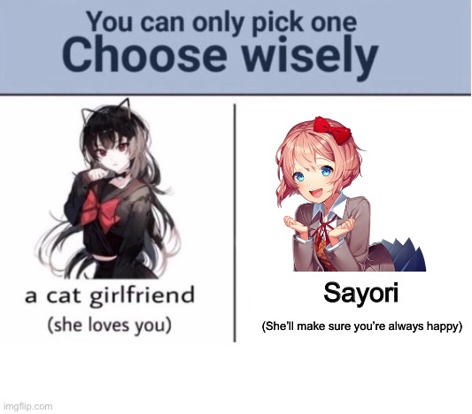 Choose wisely | Sayori; (She’ll make sure you’re always happy) | image tagged in choose wisely | made w/ Imgflip meme maker